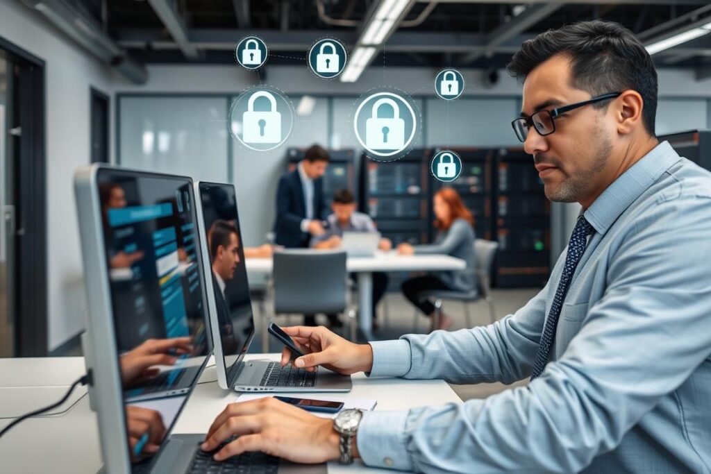A corporate office setting with employees utilizing two-factor authentication (2FA) for secure access. The foreground features a businessman logging in to a computer, using a security token or smartphone app. In the middle ground, colleagues collaborate at a conference table, digital security icons hovering above. The background shows a server rack, network switches, and other IT infrastructure, conveying the importance of enterprise-level cybersecurity. Soft lighting, muted tones, and a sense of professionalism permeate the scene, underscoring the seriousness of 2FA as a critical element for safeguarding corporate data and systems. A corporate office setting with employees utilizing two-factor authentication (2FA) for secure access. The foreground features a businessman logging in to a computer, using a security token or smartphone app. In the middle ground, colleagues collaborate at a conference table, digital security icons hovering above. The background shows a server rack, network switches, and other IT infrastructure, conveying the importance of enterprise-level cybersecurity. Soft lighting, muted tones, and a sense of professionalism permeate the scene, underscoring the seriousness of 2FA as a critical element for safeguarding corporate data and systems.