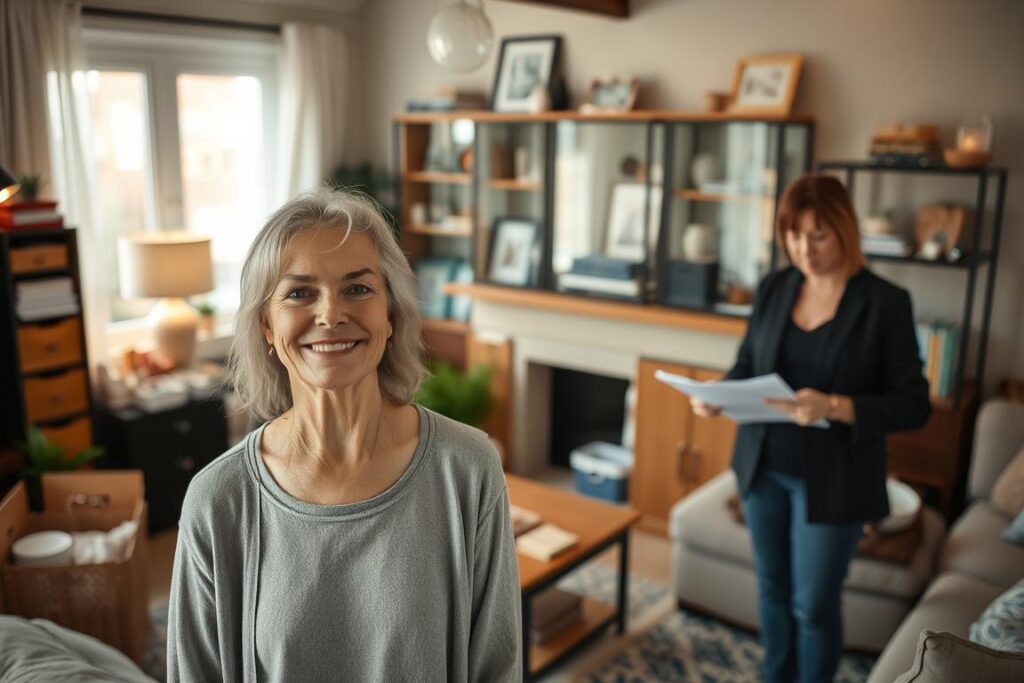 A cozy living room filled with neatly organized possessions, warm lighting casting a gentle glow. In the foreground, a satisfied homeowner stands amidst their newly decluttered space, a serene expression on their face. Nearby, a professional organizer from a reputable company reviews paperwork, their expertise evident. In the background, showcases display curated mementos and decorative pieces, the room radiating a sense of order and tranquility. Overhead, a soft-focus lens captures the scene with a dreamlike quality, conveying the peace and confidence that comes from trusting experienced professionals with a home transformation.