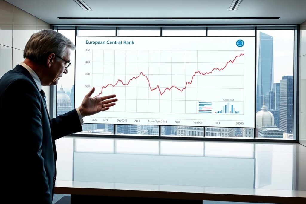 A detailed, high-resolution image of a European Central Bank interest rate cut announcement. The foreground features a central figure, likely a central banker or policymaker, gesturing towards a large screen or display showing a graph of interest rate changes over time. The middle ground shows a modern, minimalist office setting with clean lines and neutral colors. The background depicts a cityscape with skyscrapers and modern architecture, hinting at the global economic context. The lighting is soft and indirect, creating a sense of authority and deliberation. The overall mood is one of considered decision-making and the potential impact of monetary policy on the wider economy.