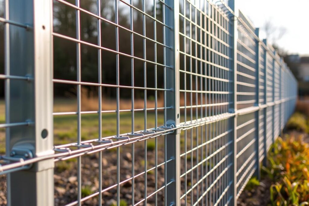 A meticulously assembled double-bar mesh fence stands in a well-lit outdoor setting. The sturdy metal posts and horizontal rails form a clean, geometric pattern, seamlessly integrated into the surrounding environment. The fence's silver-gray hue complements the natural tones of the landscape, creating a harmonious visual balance. The camera captures the installation process, showcasing the efficient interlocking system and the careful attention to detail required for a proper, secure Doppelstabmattenzaun montage. Soft, diffused lighting accentuates the fence's robust construction, while the angle and perspective highlight the fence's functional purpose and aesthetic appeal. A meticulously assembled double-bar mesh fence stands in a well-lit outdoor setting. The sturdy metal posts and horizontal rails form a clean, geometric pattern, seamlessly integrated into the surrounding environment. The fence's silver-gray hue complements the natural tones of the landscape, creating a harmonious visual balance. The camera captures the installation process, showcasing the efficient interlocking system and the careful attention to detail required for a proper, secure Doppelstabmattenzaun montage. Soft, diffused lighting accentuates the fence's robust construction, while the angle and perspective highlight the fence's functional purpose and aesthetic appeal.