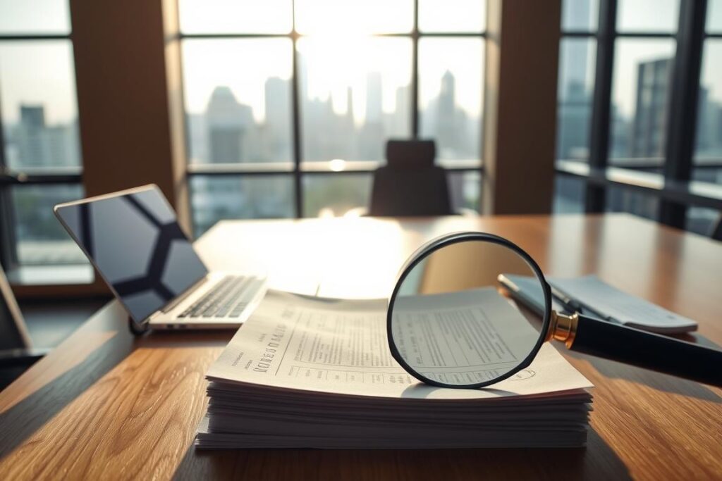 A modern office interior with a wooden desk, a laptop, and a stack of financial documents. On the desk, a magnifying glass highlights the details of a loan agreement. The room is bathed in warm, natural lighting that streams through large windows, creating a sense of professionalism and thoughtfulness. In the background, a city skyline can be seen, suggesting the broader economic context. The overall atmosphere conveys the impact of interest rate changes on personal finance and credit conditions.