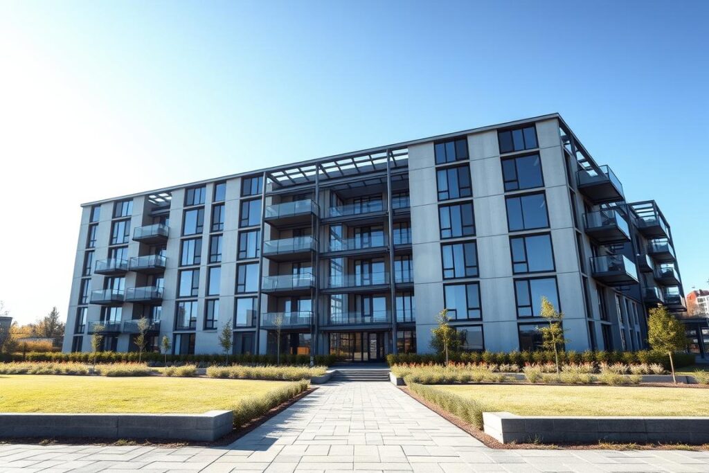 A modern steel-framed apartment building stands tall against a crisp blue sky. Sleek, minimalist facades clad in concrete and glass reflect the sunlight, casting long shadows across the well-manicured landscaping. Steel beams and columns are visible, showcasing the building's sturdy internal structure. The design features clean, geometric lines and a harmonious blend of industrial and contemporary elements. In the foreground, neatly arranged paving stones lead towards the building's main entrance, inviting visitors to explore this striking example of modern masonry construction.