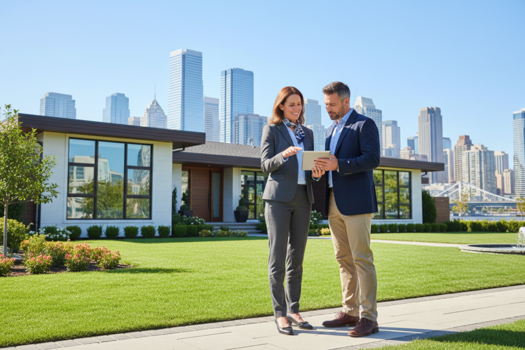 A professional real estate agent stands confidently in the foreground, dressed in a sharp business suit, engaged in a discussion with a potential buyer. In the middle ground, a beautifully landscaped residential property is featured, showcasing modern architecture with large windows and a well-maintained lawn. In the background, a vibrant cityscape is visible under a clear blue sky, symbolizing economic growth and opportunity. The lighting is bright and natural, casting soft shadows, enhancing the sense of a sunny, optimistic day. The scene conveys a mood of professionalism, trust, and the importance of making informed decisions in real estate transactions. A professional real estate agent stands confidently in the foreground, dressed in a sharp business suit, engaged in a discussion with a potential buyer. In the middle ground, a beautifully landscaped residential property is featured, showcasing modern architecture with large windows and a well-maintained lawn. In the background, a vibrant cityscape is visible under a clear blue sky, symbolizing economic growth and opportunity. The lighting is bright and natural, casting soft shadows, enhancing the sense of a sunny, optimistic day. The scene conveys a mood of professionalism, trust, and the importance of making informed decisions in real estate transactions.