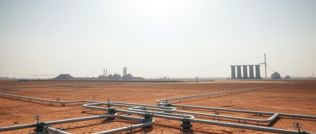 A-vast-arid-landscape-under-a-scorching-sun-the-earth-parched-and-cracked.-In-the-foreground A vast, arid landscape under a scorching sun, the earth parched and cracked. In the foreground, a sprawling network of pipes and valves, the infrastructure struggling to channel the dwindling water supply. Towering desalination plants stand like sentinels on the horizon, their imposing structures a testament to the urgent need for water security. The scene evokes a sense of tension and urgency, a world grappling with the consequences of water scarcity and the critical importance of modernizing water infrastructure to meet the demands of a growing population. The image should convey the essence of the article's subject matter, inviting the viewer to contemplate the challenges and potential solutions surrounding this pressing global issue.