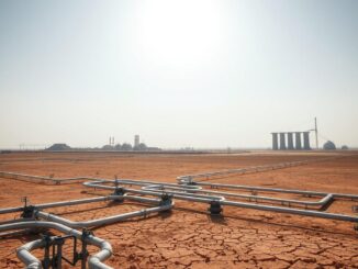 A vast, arid landscape under a scorching sun, the earth parched and cracked. In the foreground, a sprawling network of pipes and valves, the infrastructure struggling to channel the dwindling water supply. Towering desalination plants stand like sentinels on the horizon, their imposing structures a testament to the urgent need for water security. The scene evokes a sense of tension and urgency, a world grappling with the consequences of water scarcity and the critical importance of modernizing water infrastructure to meet the demands of a growing population. The image should convey the essence of the article's subject matter, inviting the viewer to contemplate the challenges and potential solutions surrounding this pressing global issue.