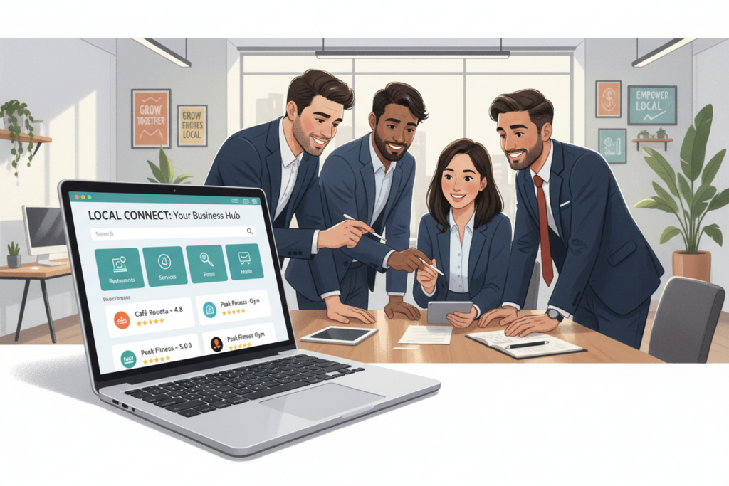 A vibrant and engaging digital illustration of an online directory interface displayed on a sleek laptop. In the foreground, the laptop shows a detailed and organized webpage with neatly arranged categories and business listings, highlighting the ease of navigation. The middle ground features a professional, diverse group of individuals, dressed in business attire, collaborating around a conference table, symbolizing the benefits of an online directory. In the background, a bright and modern office setting with motivational posters and greenery creates a productive atmosphere. Soft natural lighting enhances the scene, while a slight zoom-in angle emphasizes the directory interface and team interaction, evoking a sense of community and opportunity in the world of online business visibility. A vibrant and engaging digital illustration of an online directory interface displayed on a sleek laptop. In the foreground, the laptop shows a detailed and organized webpage with neatly arranged categories and business listings, highlighting the ease of navigation. The middle ground features a professional, diverse group of individuals, dressed in business attire, collaborating around a conference table, symbolizing the benefits of an online directory. In the background, a bright and modern office setting with motivational posters and greenery creates a productive atmosphere. Soft natural lighting enhances the scene, while a slight zoom-in angle emphasizes the directory interface and team interaction, evoking a sense of community and opportunity in the world of online business visibility.