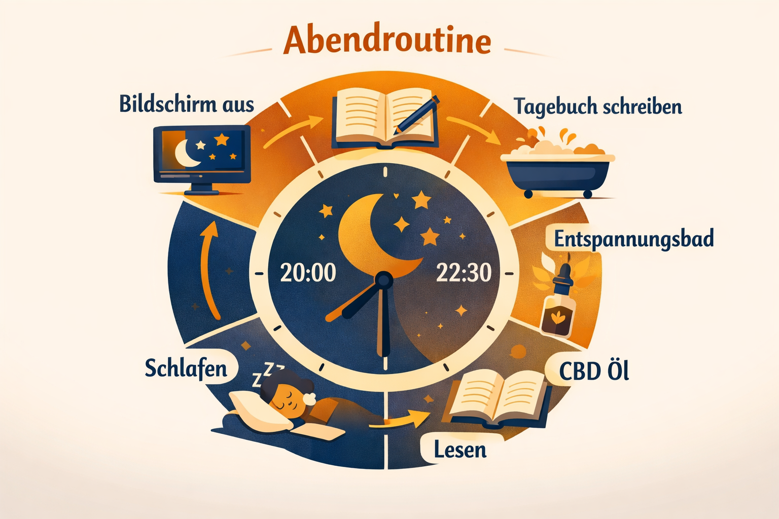 Warum wird die Abendroutine zum wichtigsten Moment des Tages? 1 Abendroutine Schritte als Infografik mit Zeitplan