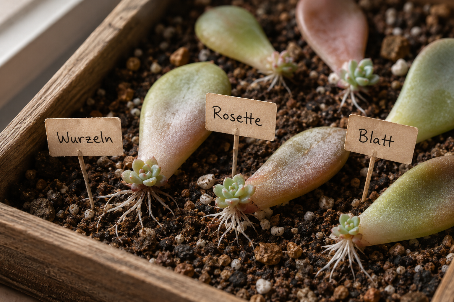 Sukkulenten aus Blättern vermehren: Die besten Erfolgsquoten erzielen 1 Close-up macro photograph of a wooden tray filled with cactus soil mix, multiple succulent leaves laid flat with tiny white