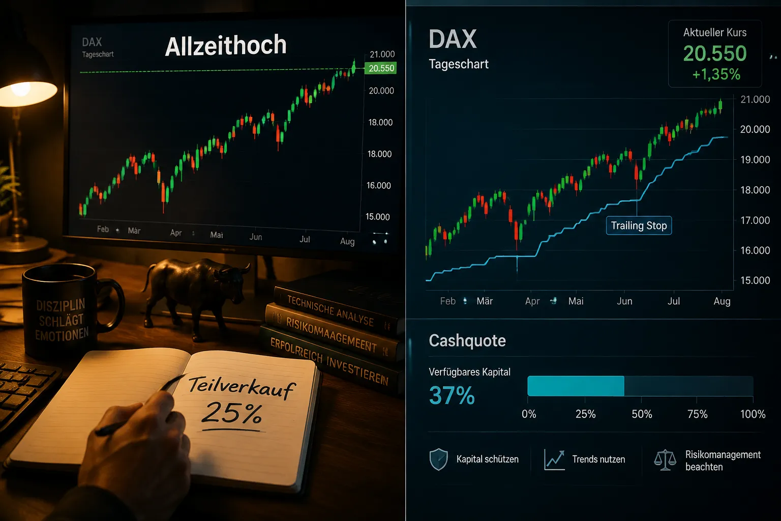 DAX-Allzeithoch nutzen: Strategien für Teilverkäufe, Stop-Anpassungen und Cashquote im Vergleich 1 DAX-Allzeithoch nutzen: Strategien für Teilverkäufe, Stop-Anpassungen und Cashquote im Vergleich
