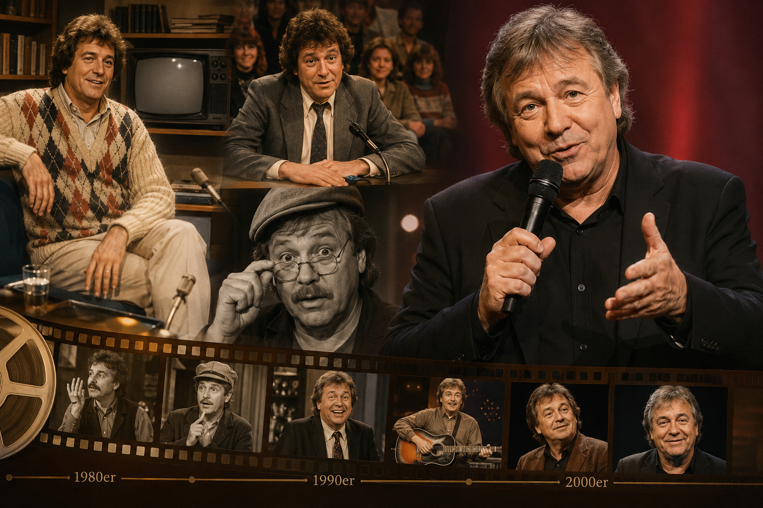 Der Comedian Günter Kuntz 1 Detailed () editorial collage representing Günter Kuntz career timeline, vintage German television studio set from the 1980s