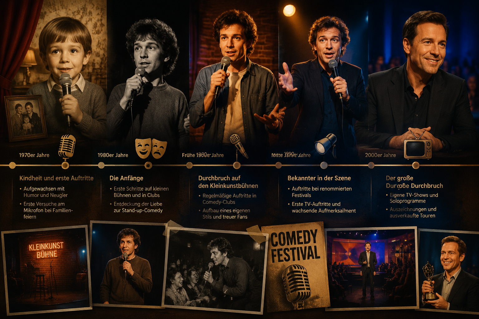 Wie war Sascha Grammel früher? 1 Detailed () editorial collage-style infographic showing a timeline of a German comedian's career milestones from childhood
