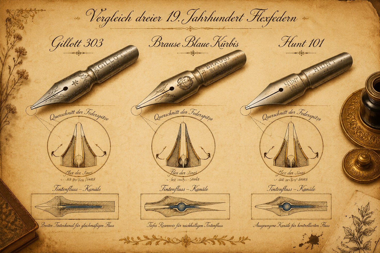 Der vergessene Charme von Flex-Federn: Schreiben wie im 19. Jahrhundert 1 Detailed () editorial illustration showing a close-up comparison of three different 19th-century flex nib steel pen nibs