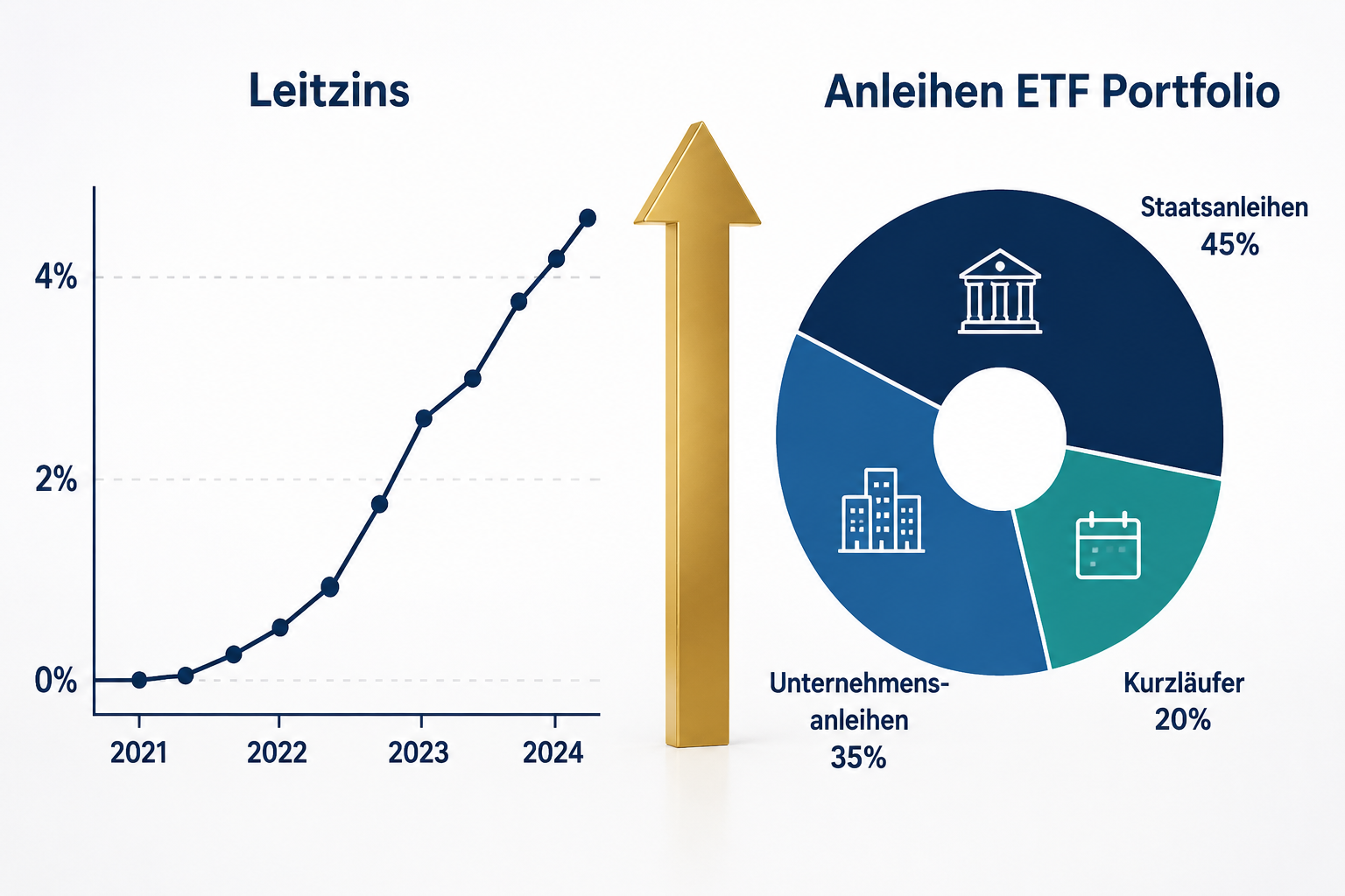 Anleihen-ETFs im aktuellen Zinsumfeld: Ein Muss im Portfolio? 1 Detailed () editorial infographic illustration for a German finance article. Visual concept: a split-screen composition