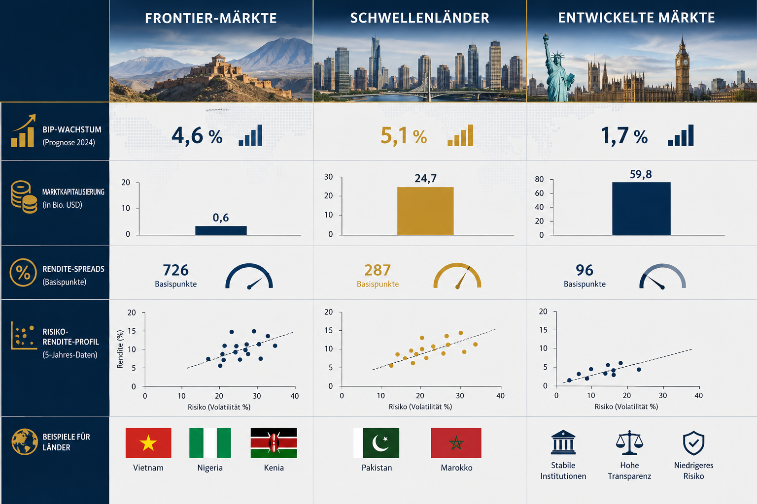 Frontier Markets: Lohnt der Blick über die Schwellenländer hinaus? 1 Detailed () financial infographic illustration comparing Frontier Markets, Emerging Markets, and Developed Markets.