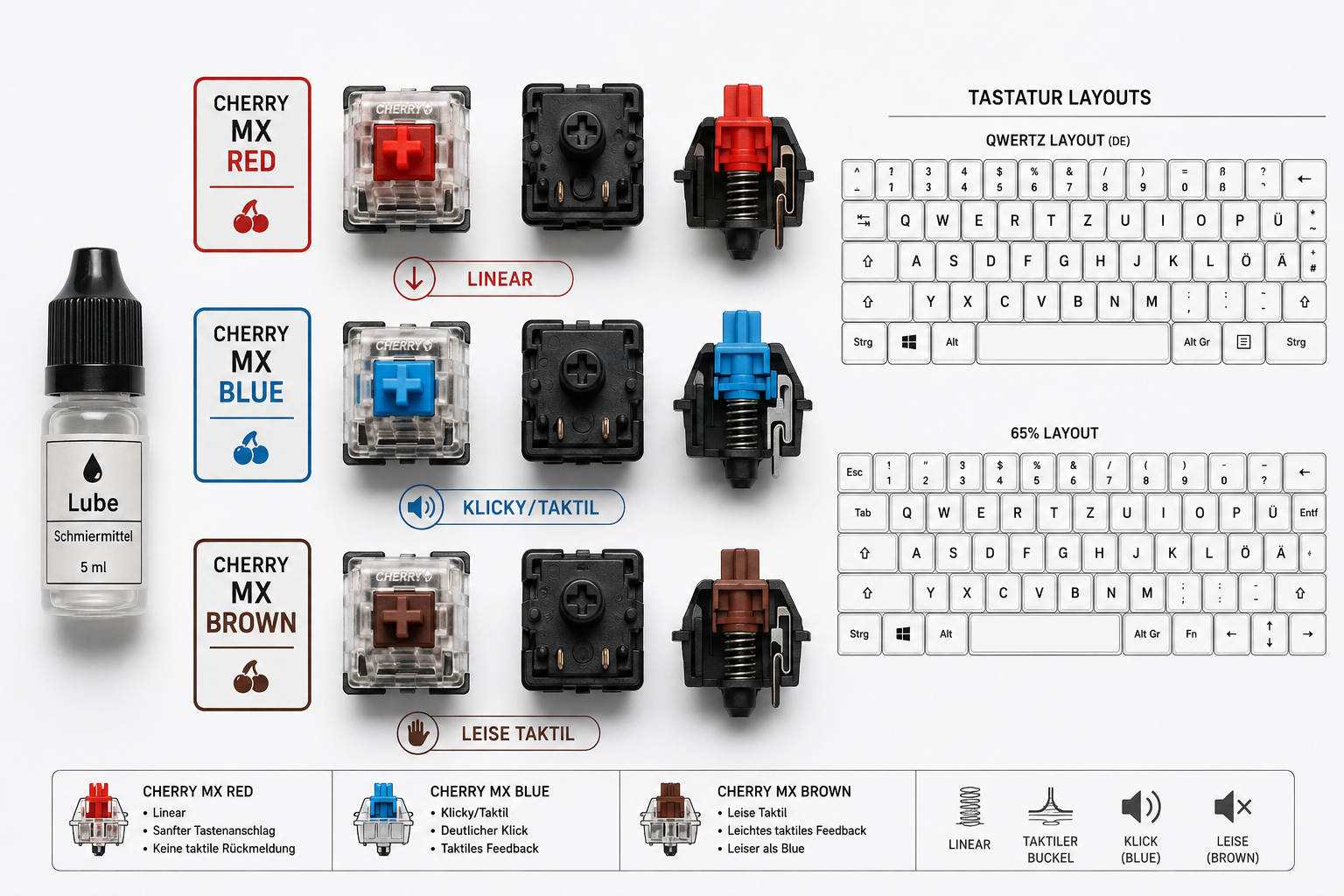 Mechanische Tastatur selber bauen: Switches, Lube und Layouts erklärt 1 Detailed () flat-lay infographic-style image showing three rows of mechanical keyboard switches side by side: Cherry MX Red