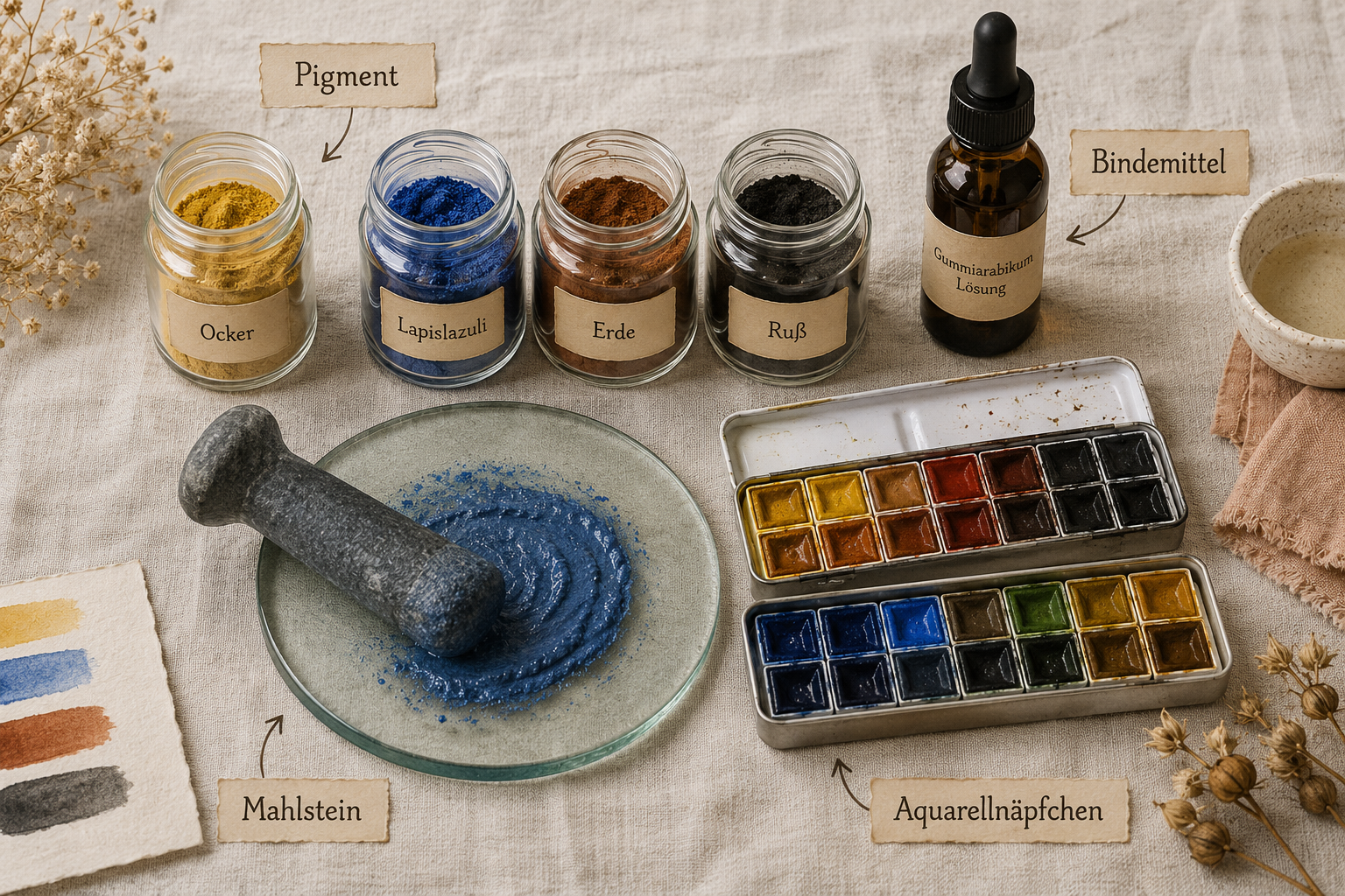 Eigene Aquarellfarben aus Naturpigmenten anreiben 1 Detailed () image showing a step-by-step flat-lay arrangement on a linen cloth: small labeled glass jars with natural