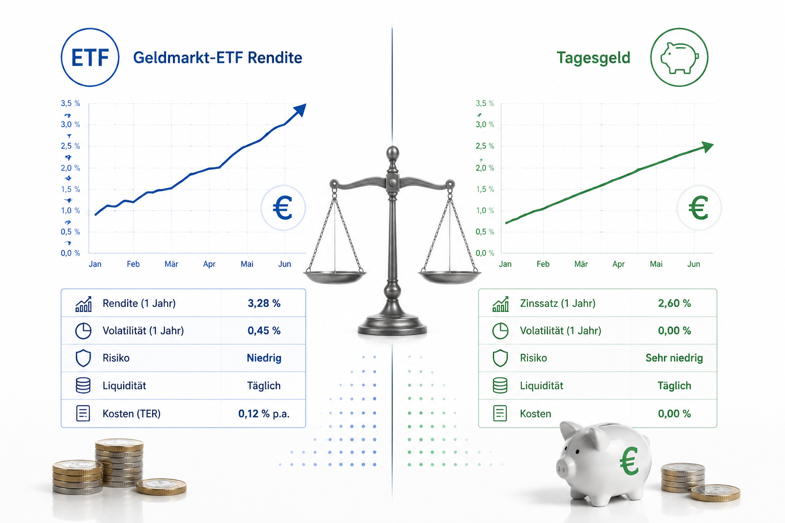 Geldmarkt-ETFs als Tagesgeld-Alternative 1 Detailed () infographic-style illustration comparing Geldmarkt-ETF and Tagesgeld side by side. Left panel: ETF symbol with