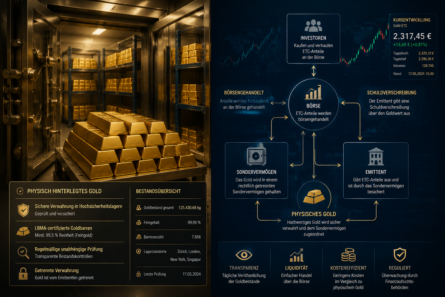 Gold im ETF-Format: ETCs und ihre Besonderheiten 1 Detailed () infographic-style illustration comparing Gold-ETC structures: a split-panel composition showing on the left a
