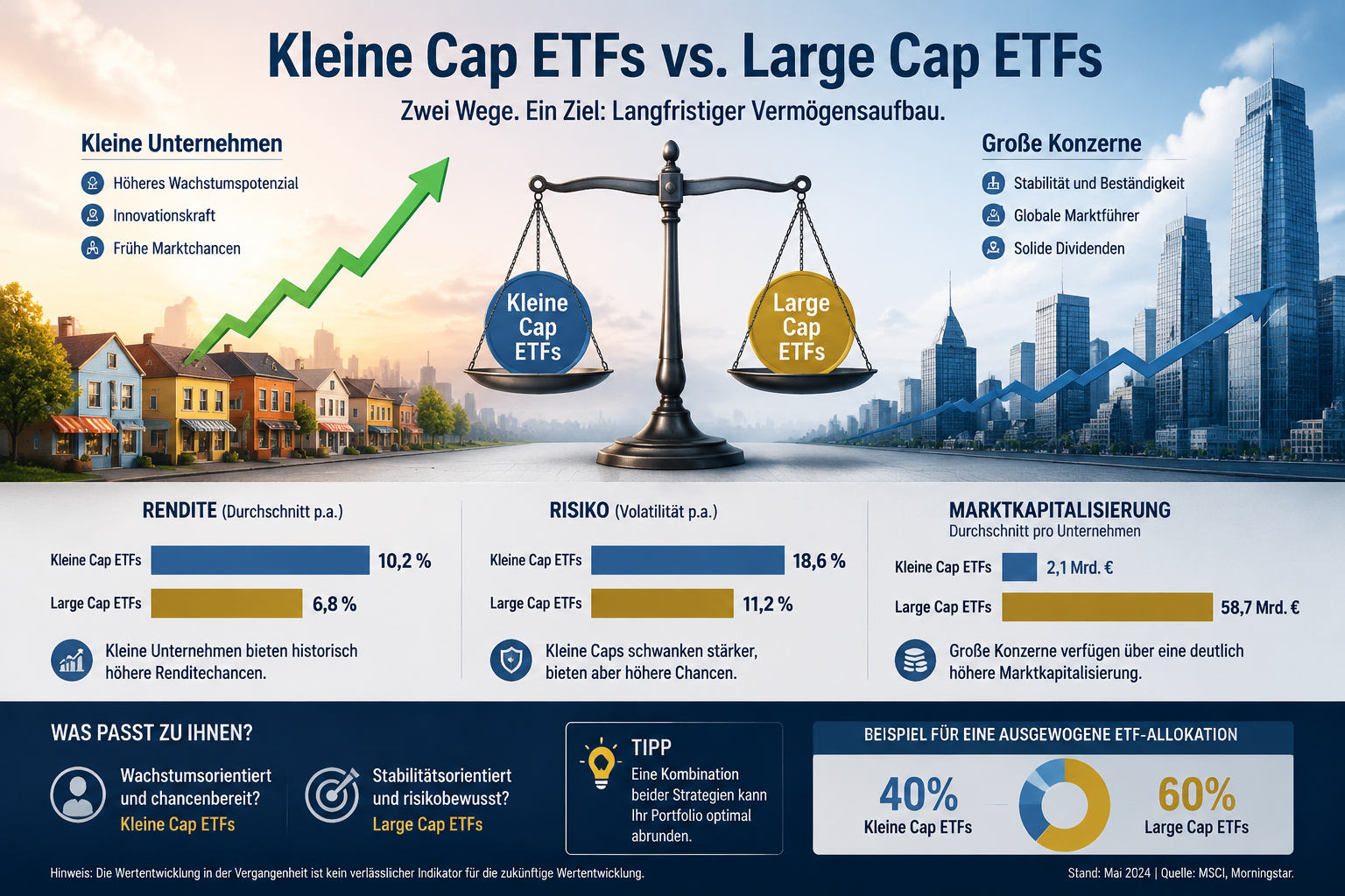 Small Cap ETFs: Warum kleine Unternehmen ins Depot gehören 1 Detailed () infographic-style illustration comparing Small Cap ETFs versus Large Cap ETFs for a German finance audience.