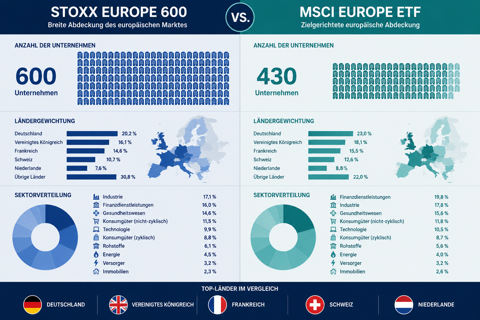 Europa-ETFs: Stoxx Europe 600 vs. MSCI Europe 1 Detailed () infographic-style illustration comparing Stoxx Europe 600 and MSCI Europe ETF indices side by side. Left column