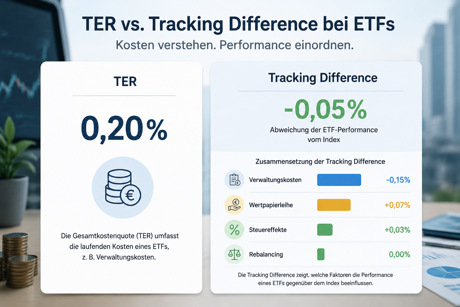 Die wahre Bedeutung der Tracking Difference (TD) 1 Detailed () infographic-style illustration comparing TER vs Tracking Difference for ETFs. Split composition: left side shows