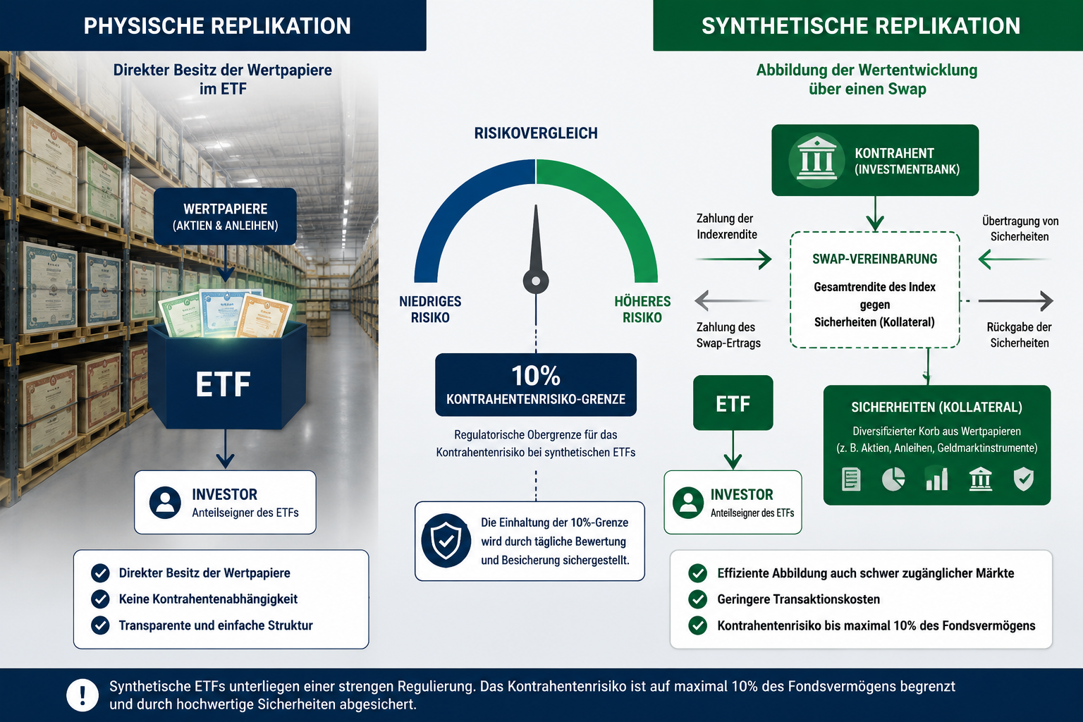 Physisch vs. Synthetisch: Welcher ETF ist sicherer? 1 Detailed () infographic-style illustration comparing physical and synthetic ETF structures side by side. Left panel: a