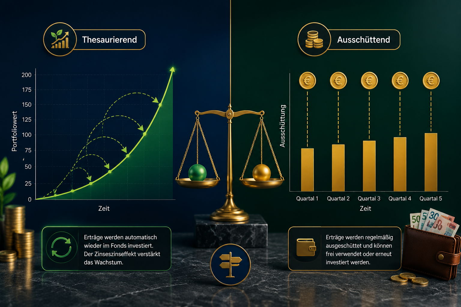 Thesaurierend oder ausschüttend: Was passt zu dir? 1 Detailed () infographic-style illustration comparing thesaurierende and ausschüttende ETFs side by side. Left panel: