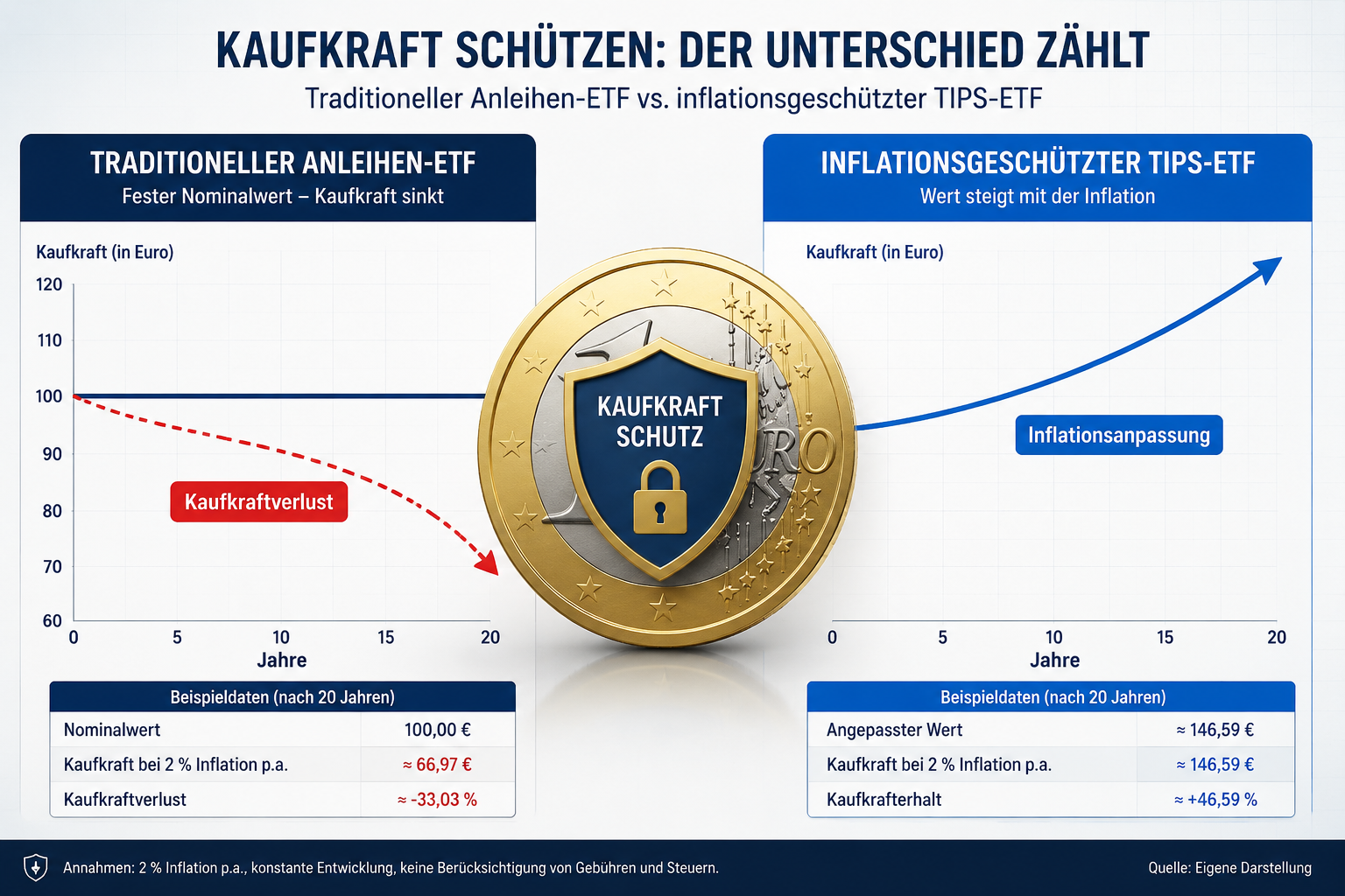 Inflationsgeschützte Anleihen-ETFs (TIPS) im Detail 1 Detailed infographic style illustration for a German finance article. Scene split panel comparison diagram showing a