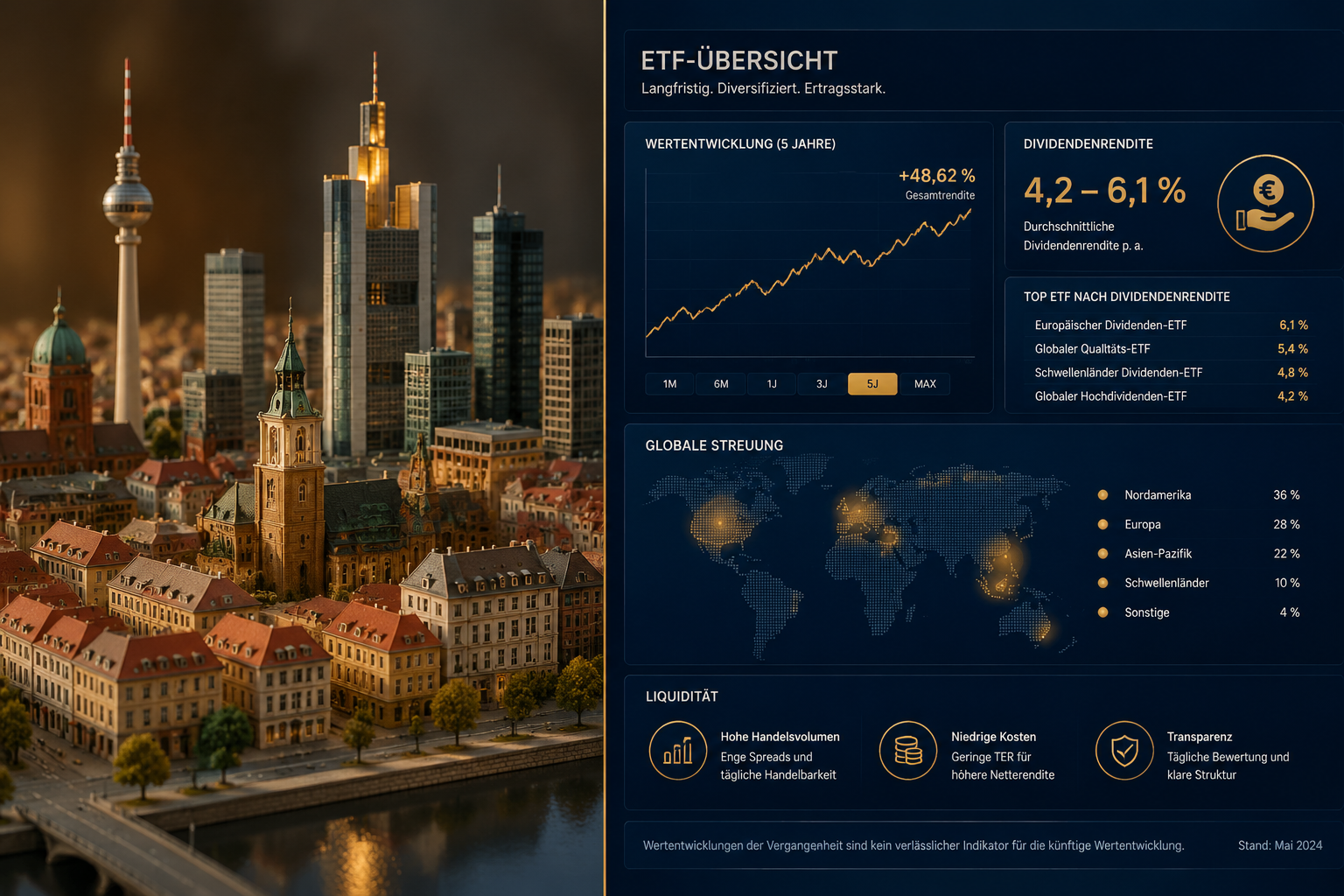 Immobilien-Investments mit REIT-ETFs: Lohnt sich das? 1 Detailed () infographic-style illustration for a German finance article. Split-screen composition: left side shows a