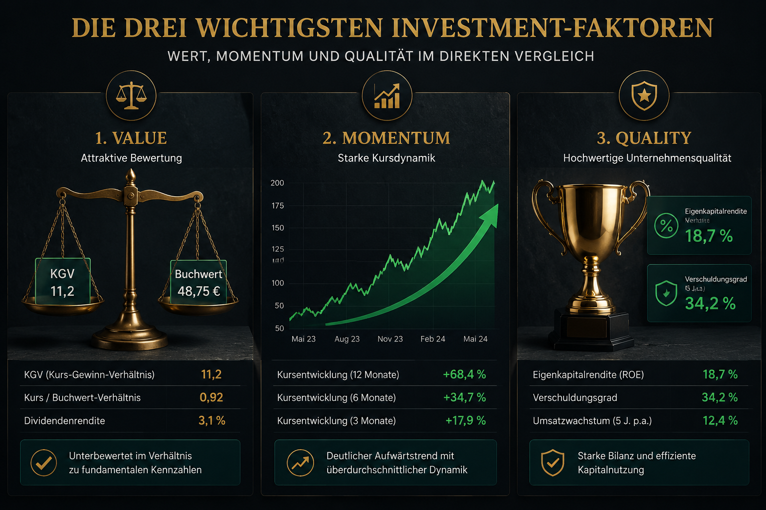 Faktor-Investieren: Value, Momentum und Quality erklärt 1 Detailed () infographic-style illustration for a German finance article. Three side-by-side comparison columns on a dark