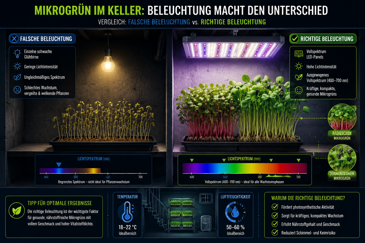 Microgreens im dunklen Keller anbauen: Setup und Beleuchtung 1 Detailed () infographic-style illustration showing a cross-section comparison of a dark basement microgreens setup: left