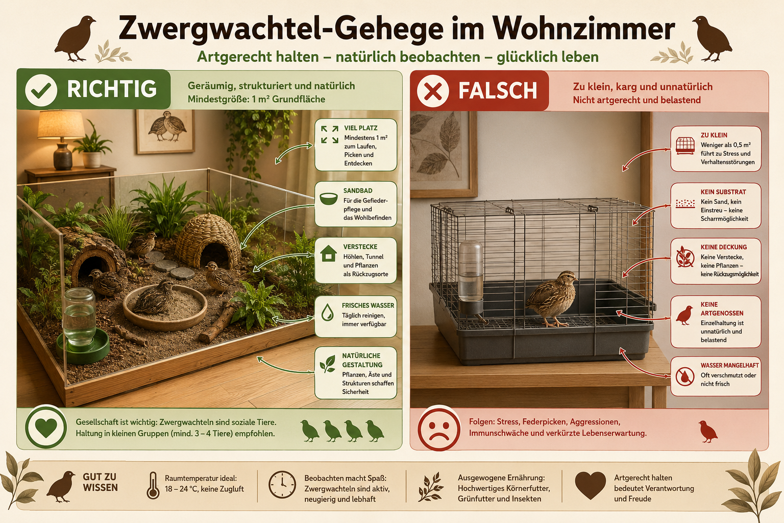 Ratgeber: Zwergwachteln artgerecht im Wohnzimmer halten 1 Detailed () infographic-style illustration showing a side-by-side comparison of a correctly set up Zwergwachtel-Gehege im