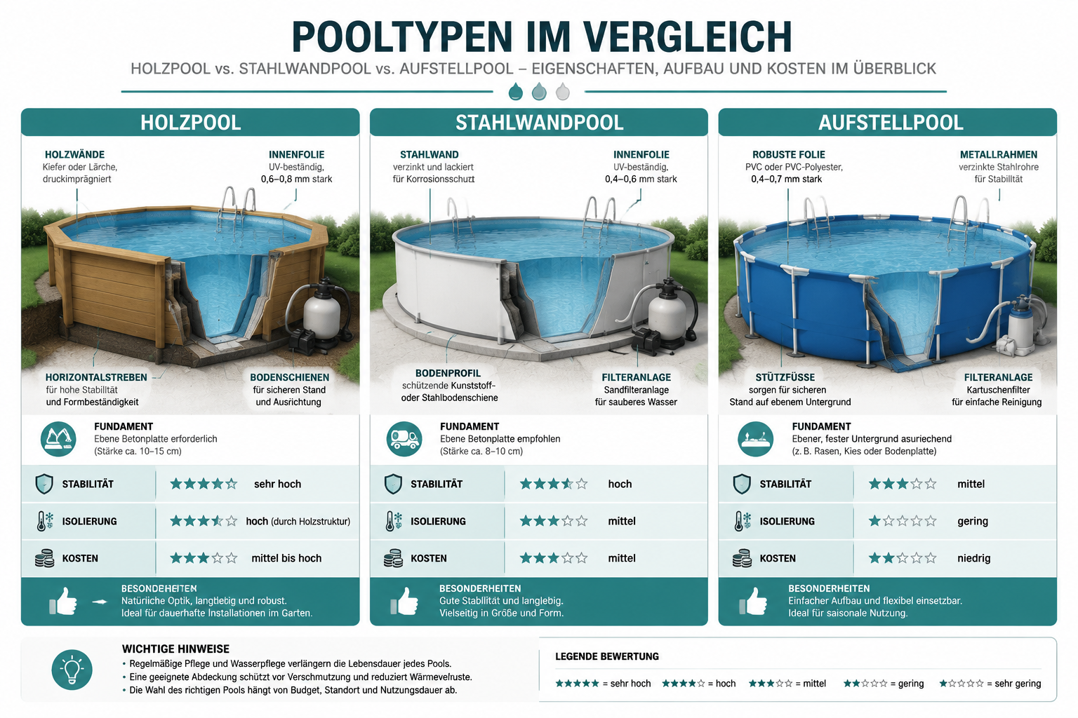 Was ist beim Kauf eines Swimmingpools zu beachten? 1 Detailed () infographic-style illustration showing a side-by-side comparison of three pool types: Holzpool, Stahlwandpool,