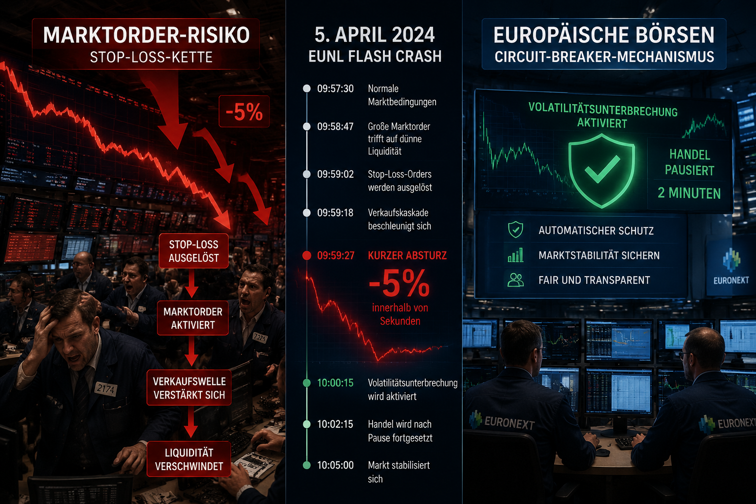 Flash Crashes: Wie sicher sind ETFs in extremen Krisen? 1 Detailed () infographic-style illustration showing a split-scene comparison: left side depicts a chaotic trading floor with