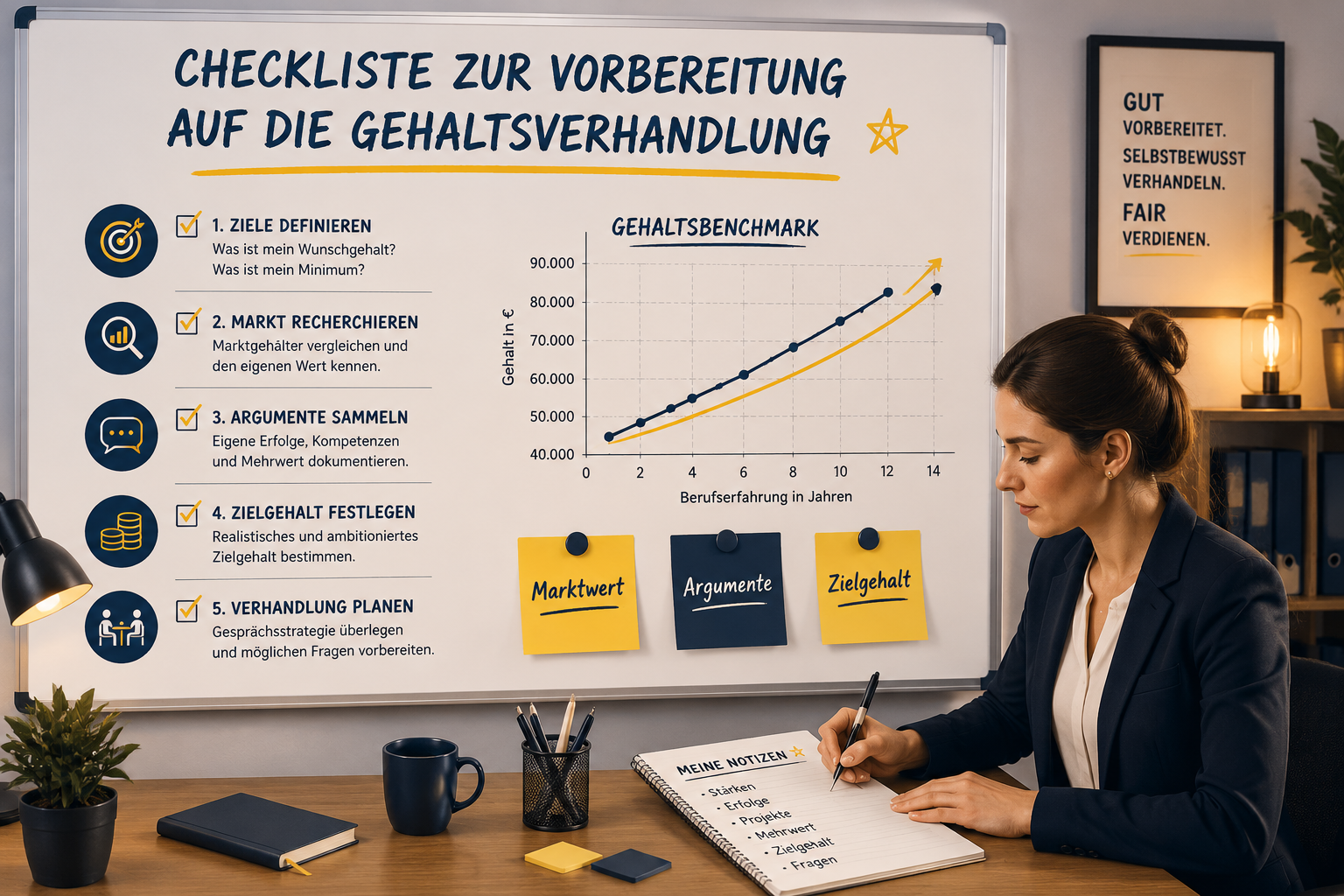Tipps für eine erfolgreiche und souveräne Gehaltsverhandlung 1 Detailed () infographic-style illustration showing a step-by-step Gehaltsverhandlung preparation checklist on a clean