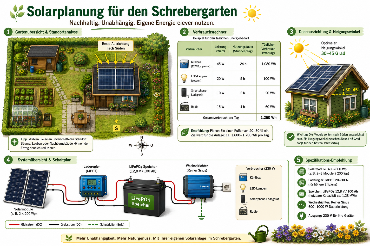 Ein autarkes Solar-Setup für den Schrebergarten berechnen und planen 1 Detailed () infographic-style illustration showing a step-by-step Schrebergarten solar planning diagram: a top-down garden