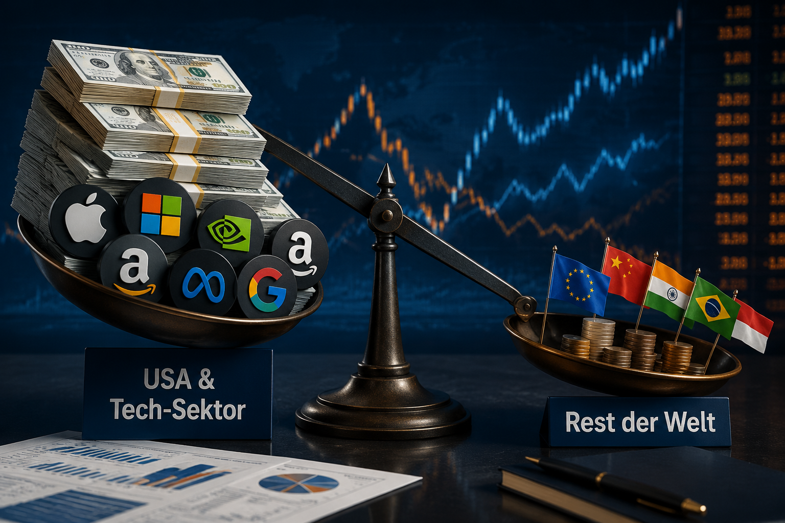 MSCI World: Warum er nicht so diversifiziert ist, wie du denkst 1 Detailed () infographic-style illustration showing a tilted balance scale in a clean financial setting. On the left, heavily