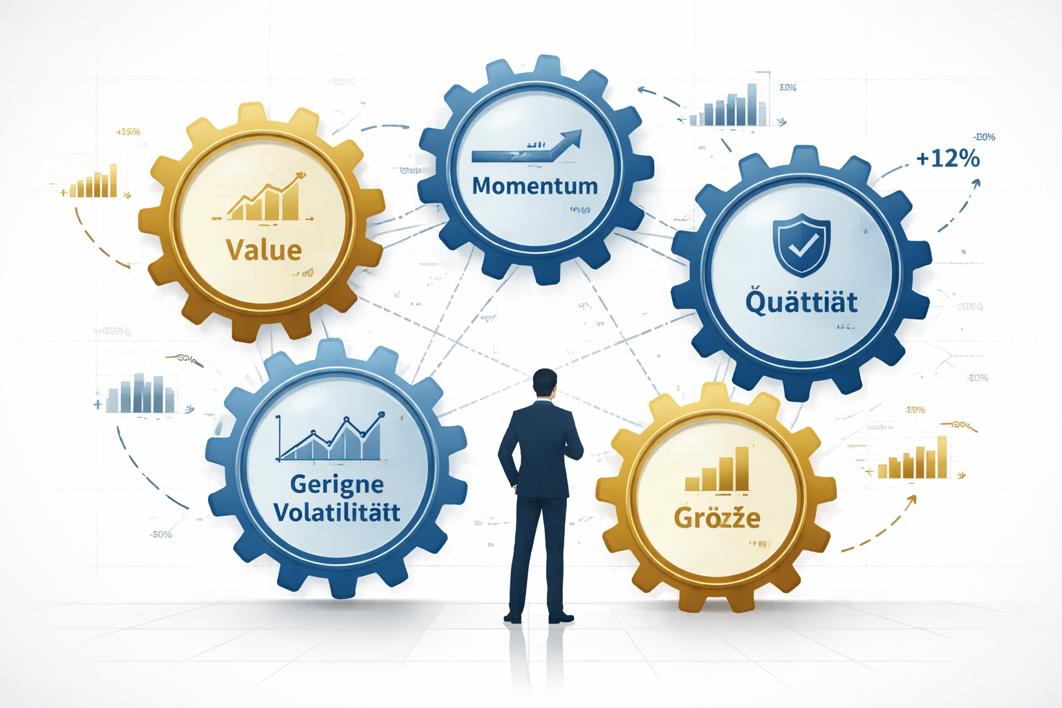Multi-Factor-ETFs: Komplexe Strategien für Privatanleger? 1 Detailed () infographic-style illustration showing five interconnected gears labeled in German: 'Value', 'Momentum',