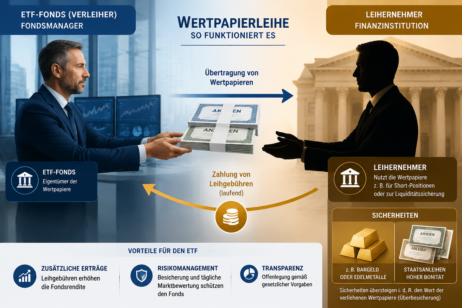 Wertpapierleihe bei ETFs: Das versteckte Risiko? 1 Detailed () infographic-style illustration showing the mechanics of Wertpapierleihe in a German ETF context. Split-screen