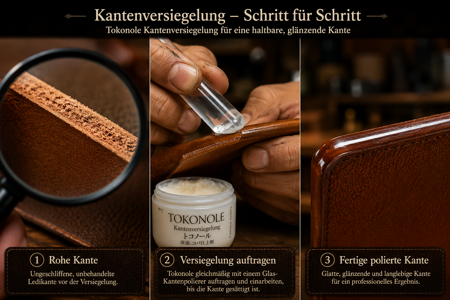 Lederkanten professionell versiegeln und polieren (Burnishing) 1 Detailed () instructional composite image showing a step-by-step Burnishing workflow: left panel displays raw rough leather