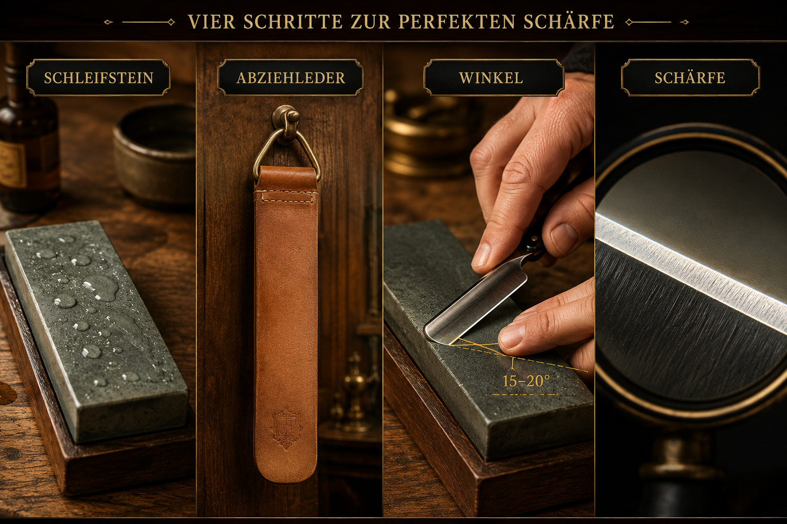 Rasiermesser richtig schärfen und abledern: Ein Anfänger-Guide 1 Detailed () instructional composite image showing four stages of straight razor sharpening: a whetstone with water droplets,