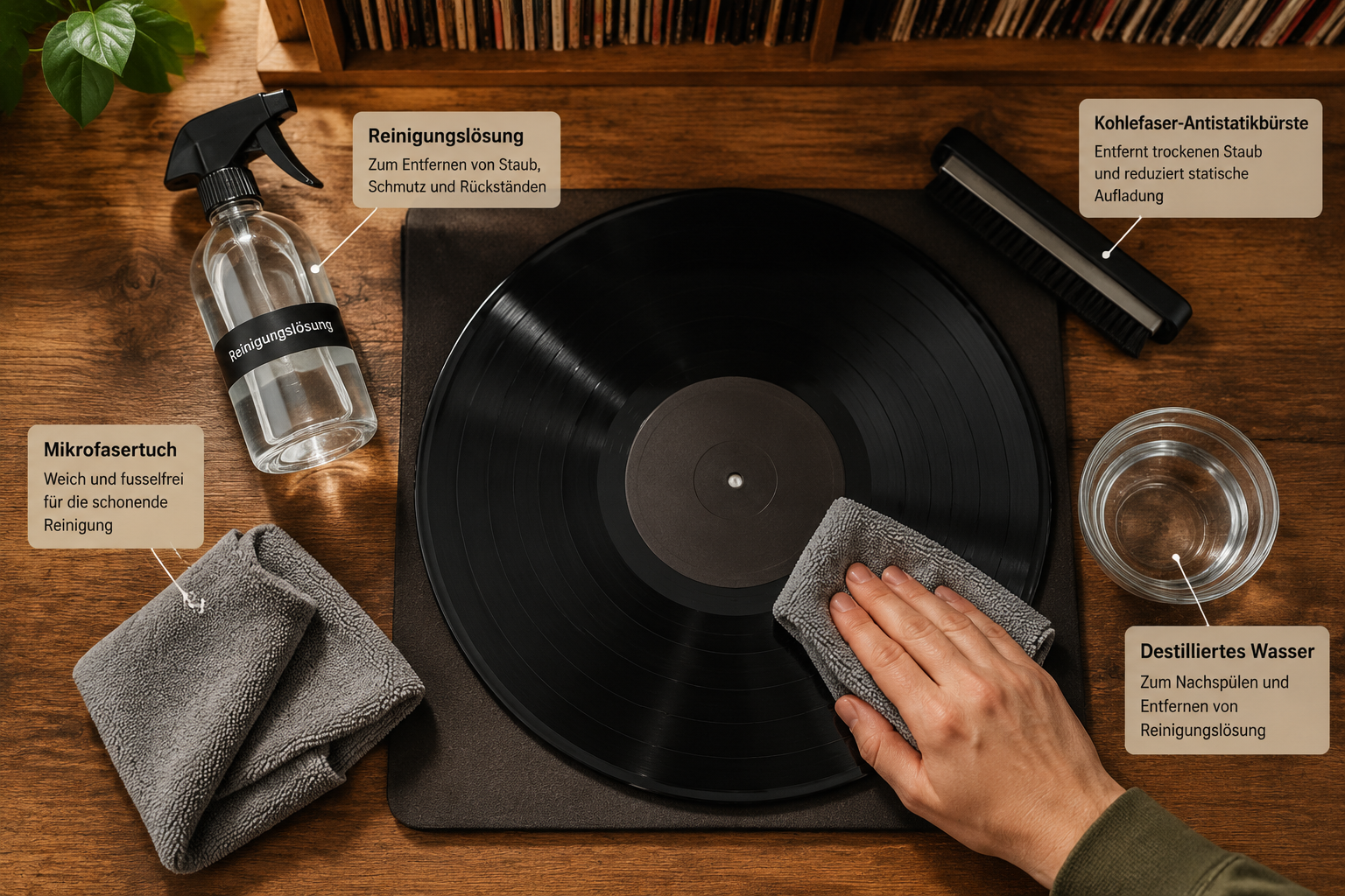 Schallplatten professionell reinigen ohne teure Waschmaschine 1 Detailed () instructional concept image showing a flat-lay overhead view of a vinyl record cleaning station on a wooden