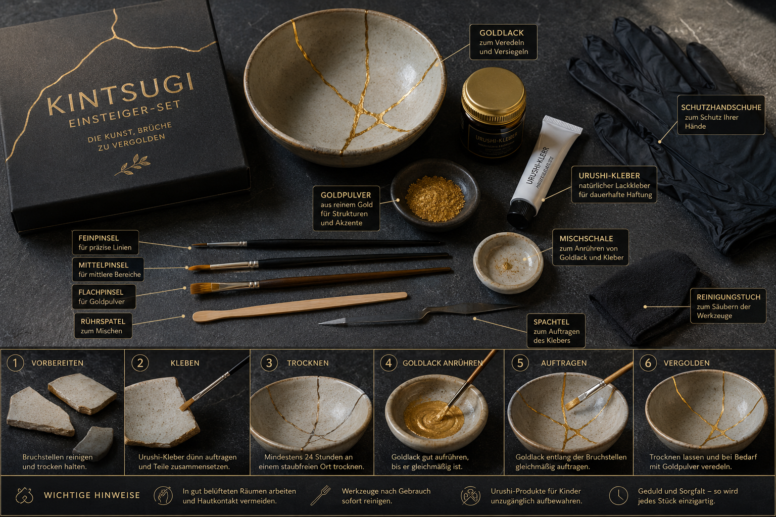 Kintsugi für Anfänger: Zerbrochene Keramik mit Goldkleber reparieren 1 Detailed () instructional flat-lay image showing a complete Kintsugi beginner kit arranged on a dark slate surface: small