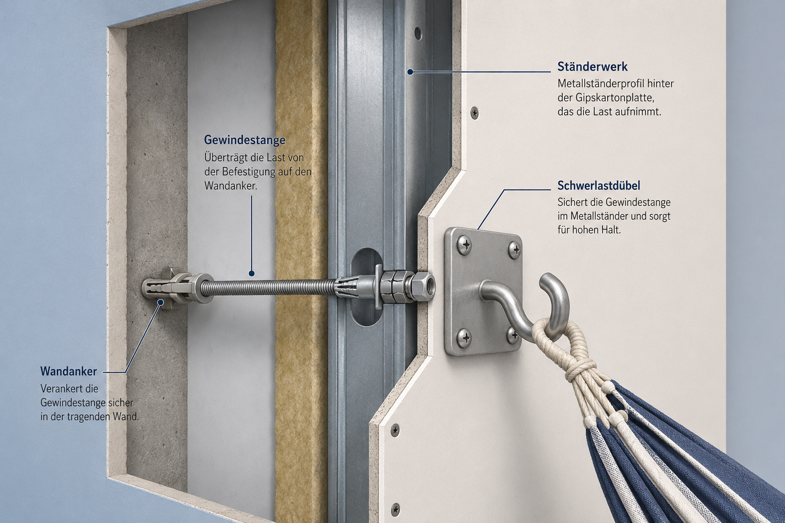Hängematte im Zimmer sicher befestigen: Tipps für Trockenbauwände 1 Detailed () instructional illustration showing a cross-section cutaway of a Gipskarton (drywall) wall with labeled mounting