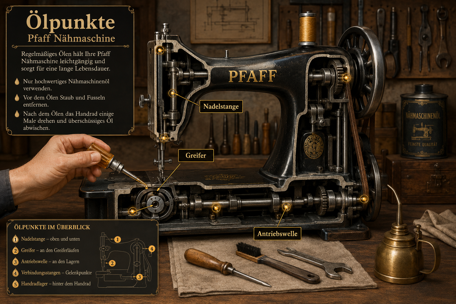 Nähmaschine ölen und warten: Ein Ratgeber für alte Pfaff-Modelle 1 Detailed () instructional illustration showing a cross-section diagram of a vintage Pfaff sewing machine with German-labeled
