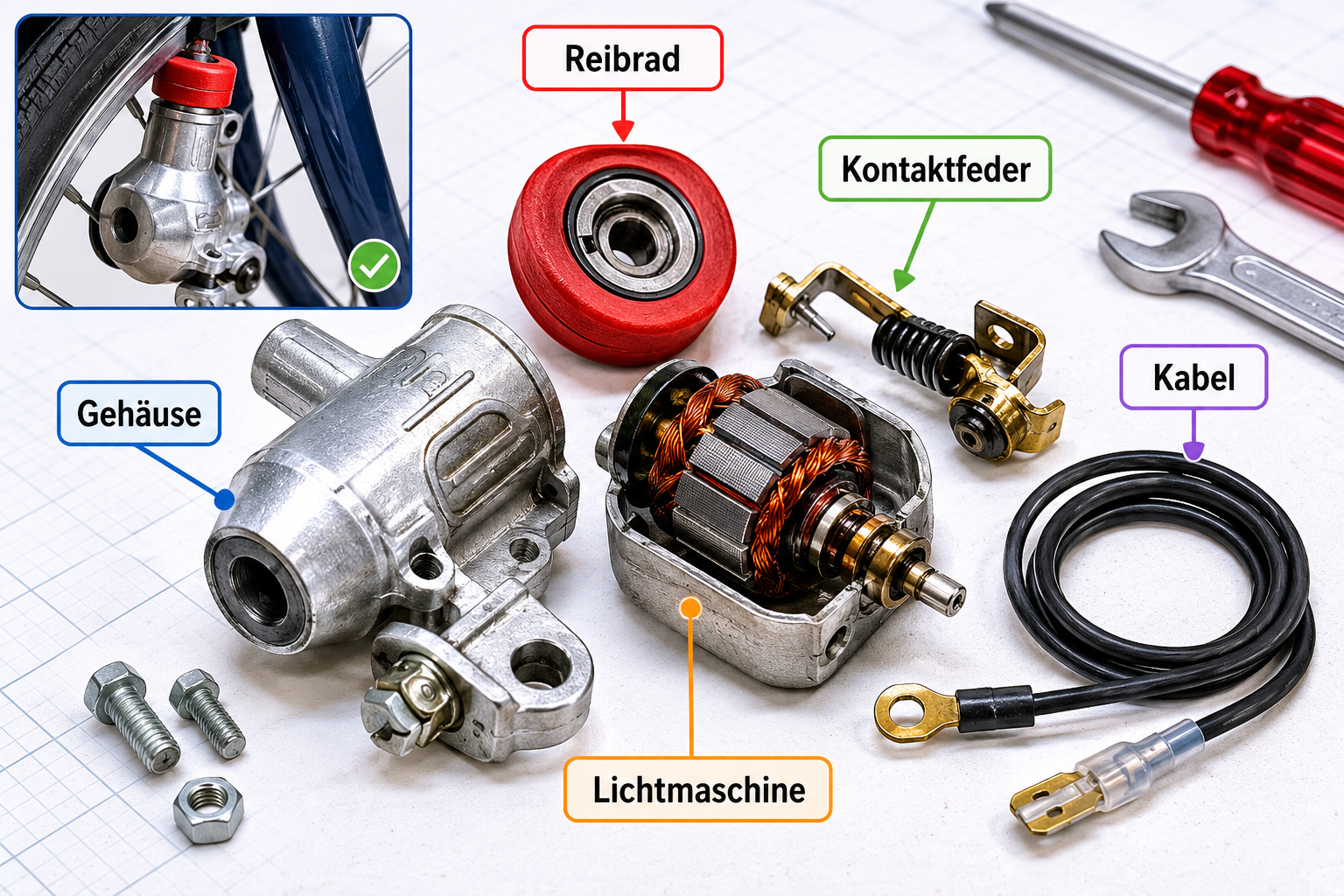 Fahrraddynamo reparieren: Fehlersuche bei klassischen Seitenläuferdynamos 1 Detailed () instructional illustration showing a disassembled Seitenläuferdynamo with labeled German annotations: 'Reibrad',
