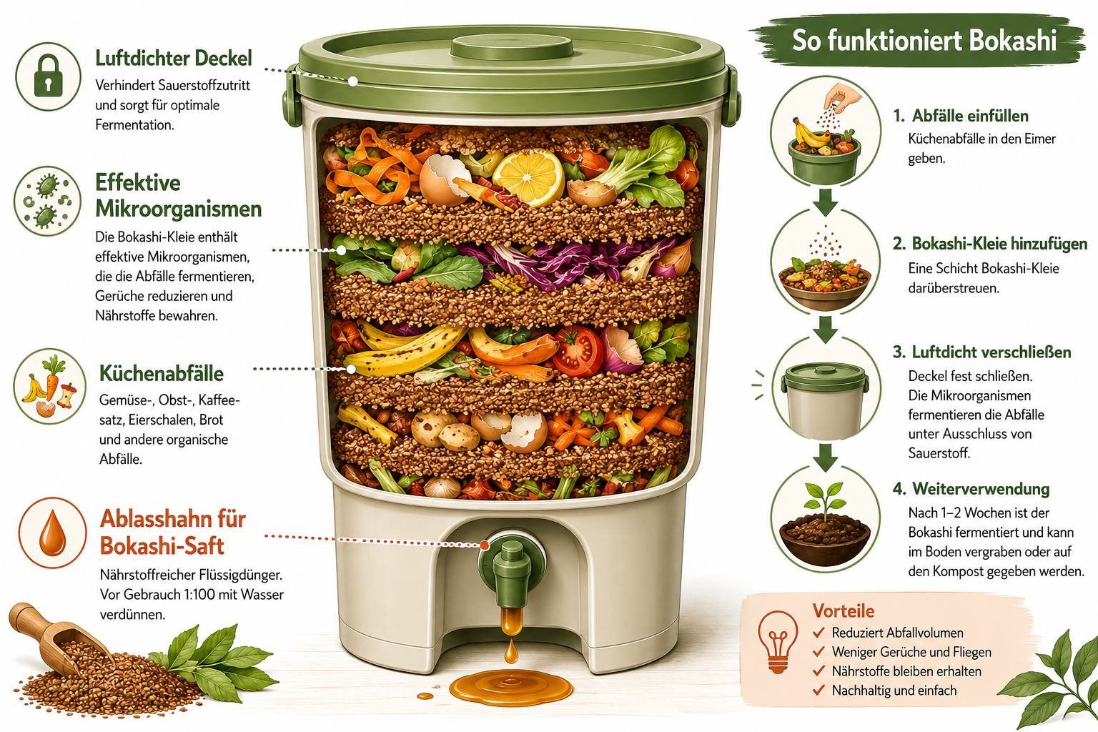 Bokashi-Eimer in der Mietwohnung: Geruchsfrei kompostieren 1 Detailed () instructional infographic-style illustration showing a cross-section diagram of a Bokashi-Eimer with German