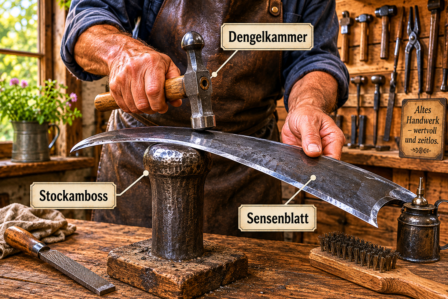 Sensen dengeln lernen: Welcher Amboss und welcher Hammer für den Garten? 1 Detailed () instructional scene showing close-up hands of an experienced craftsperson using a small Dengelkammer (peening