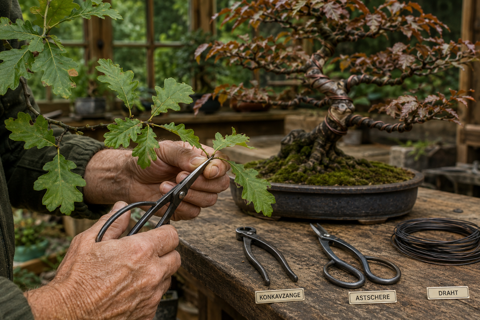 Bonsai aus heimischen Bäumen ziehen: Eiche und Buche richtig beschneiden 1 Detailed () showing step-by-step bonsai pruning process: close-up of weathered hands using sharp Japanese bonsai scissors to