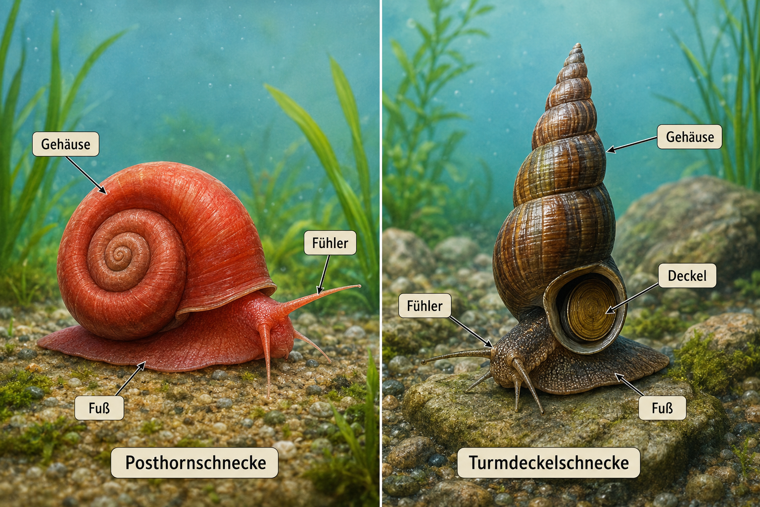 Schnecken fürs Aquarium züchten: Posthorn- und Turmdeckelschnecken 1 Detailed () split-panel comparison illustration showing side-by-side anatomical diagrams of a Posthornschnecke (flat coiled